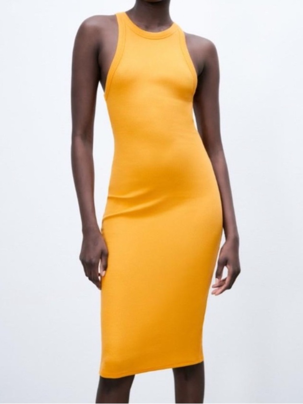 ZARA Tank Top Bodycon Ribbed Midi Bodycon Dress - Yellow Orange